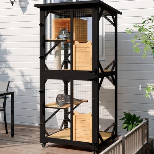 White Cat House Catio Outdoor Enclosure with Waterproof Roof on Wheels J5276
