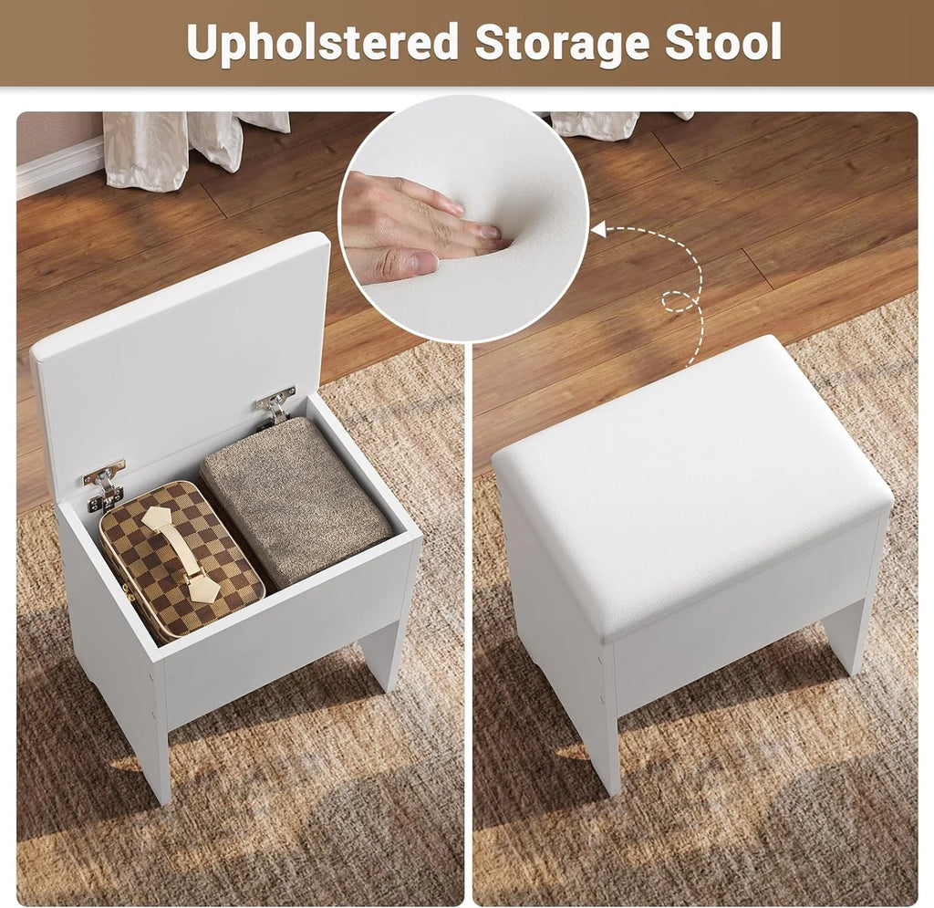 White Vanity Desk with Mirror Lights Charging Station Drawers Storage Stool Rotating Shelves A474