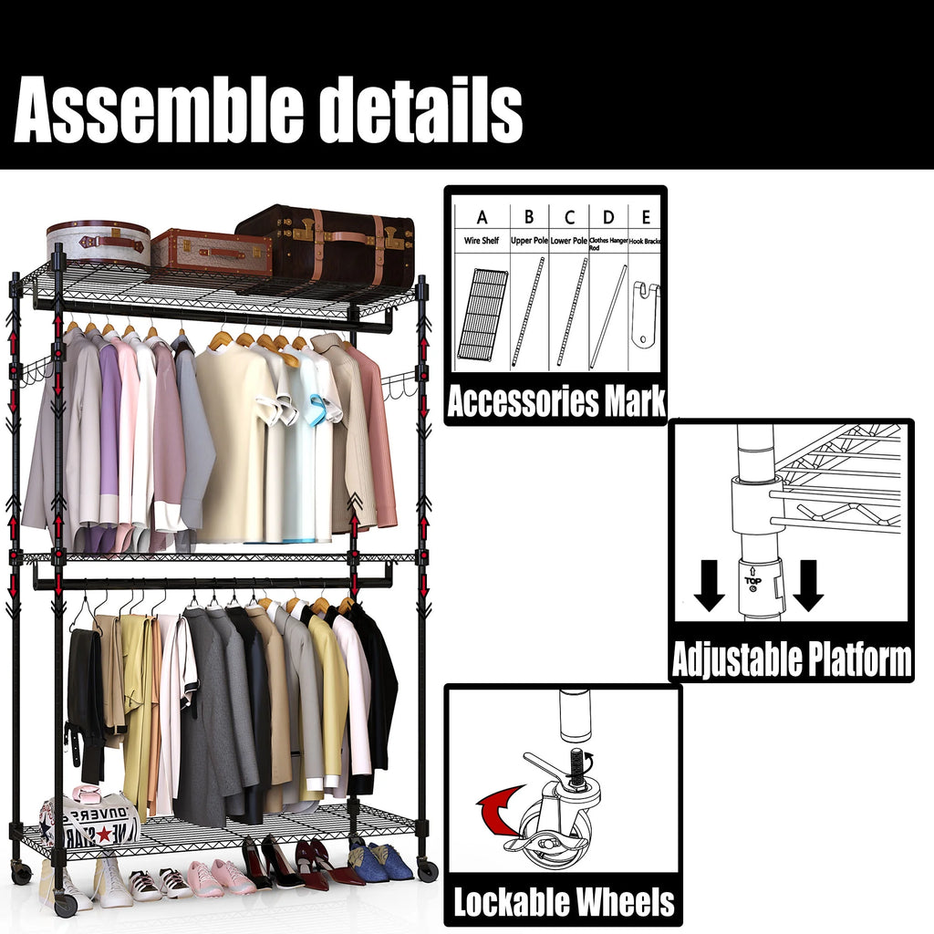 3 Tiers Heavy Duty Rolling Garment Rack with 2 Rods B95363