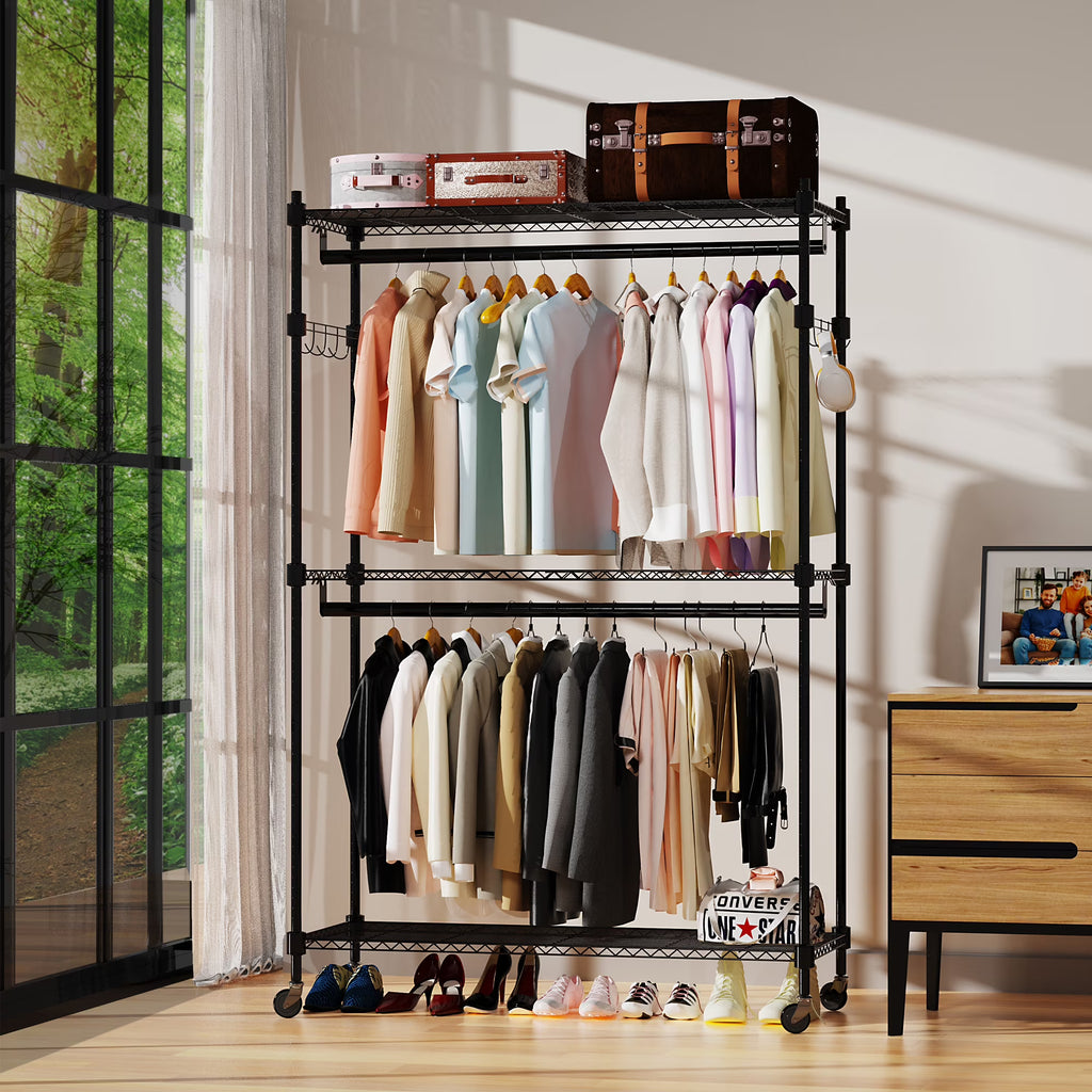 3 Tiers Heavy Duty Rolling Garment Rack with 2 Rods B95363