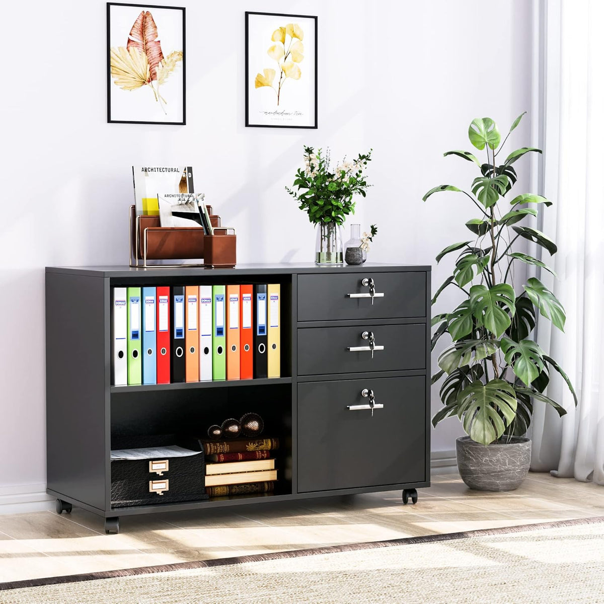 Black Wood Lateral File Cabinet with 3 Drawers and Lock T972