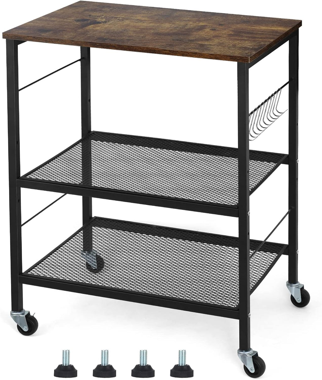 Rustic Brown 3 Tier Rolling Kitchen Cart with Lockable Wheels D81743