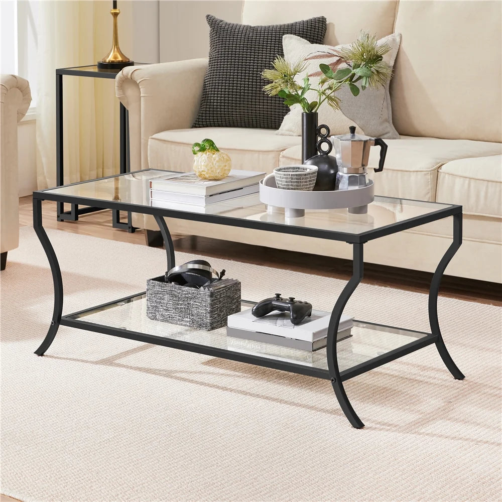Black 2-tier Tempered Glass Coffee Table with Iron Frame J952978