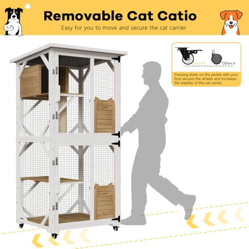 White Cat House Catio Outdoor Enclosure with Waterproof Roof on Wheels J5276