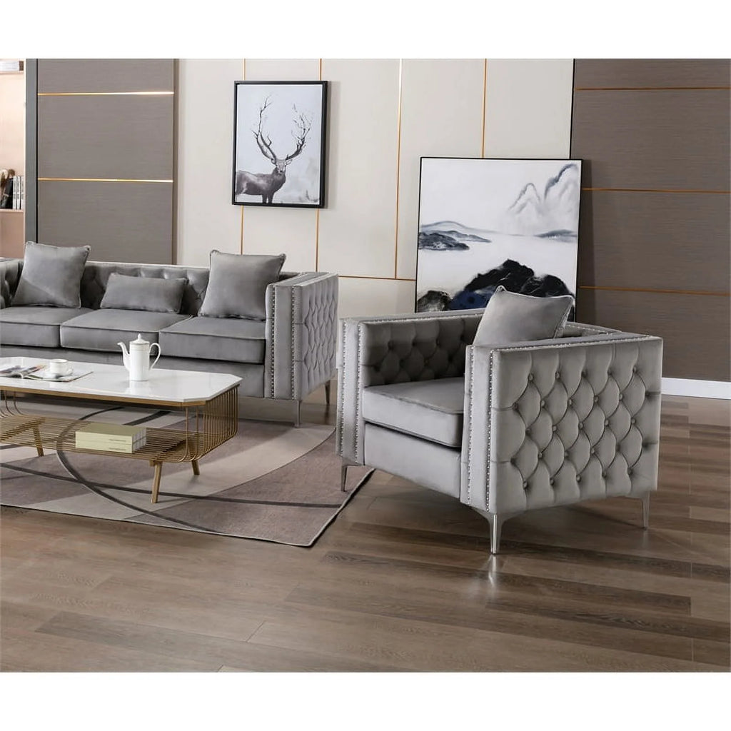2 Piece Velvet Loveseat and Chair Set in Gray C3585