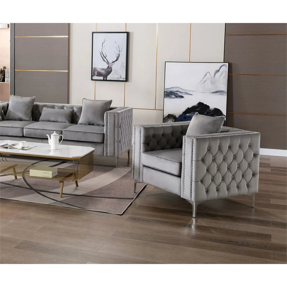 2 Piece Velvet Loveseat and Chair Set in Gray C3585