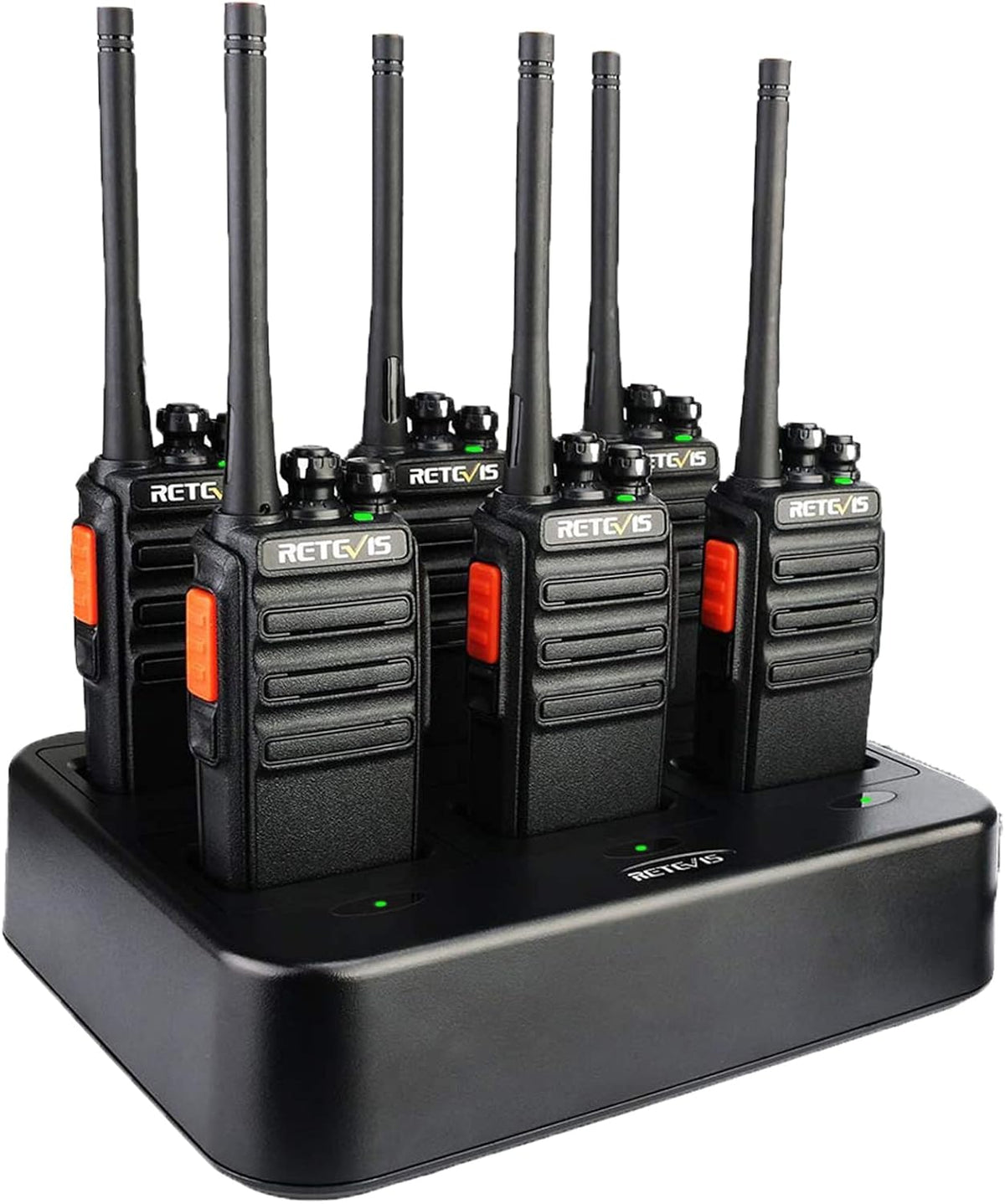 Case of 6 Portable Two Way Radios with Six-Way Multi Gang Charger D733