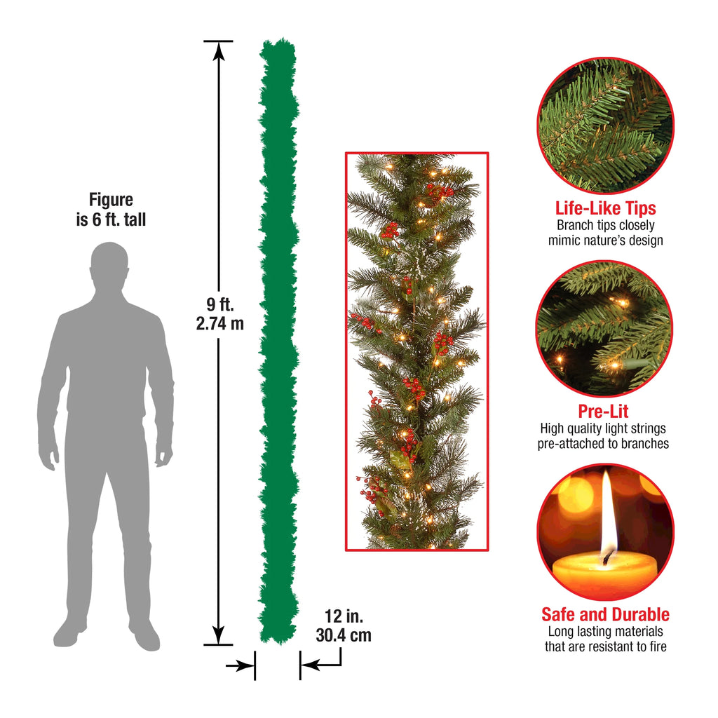 Pre-Lit Artificial Christmas Garland, Green, White Lights, 9 Feet L982