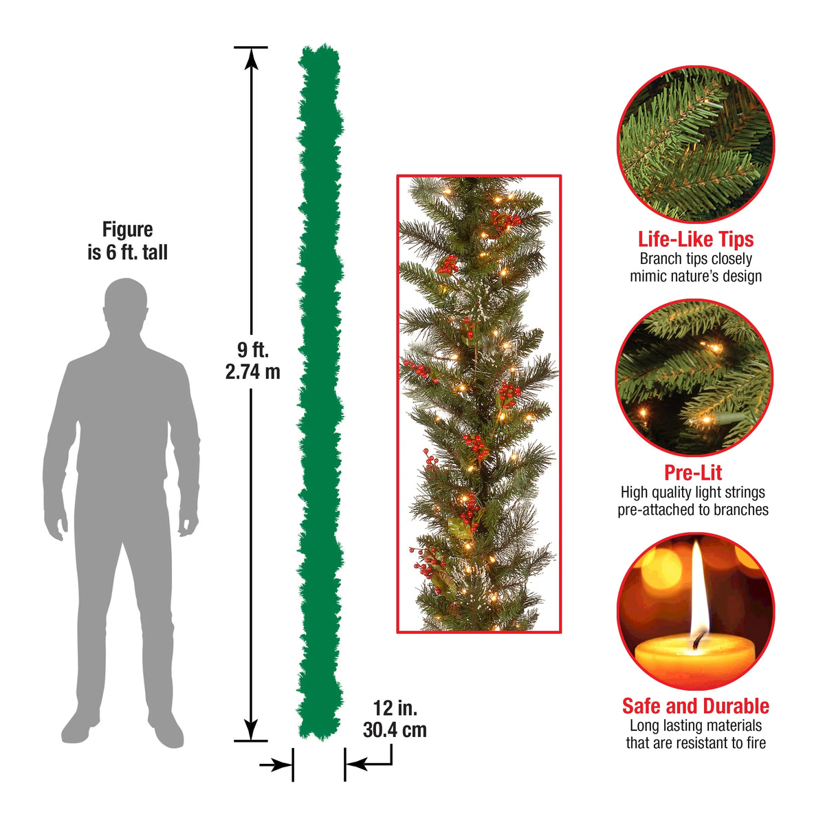 Pre-Lit Artificial Christmas Garland, Green, White Lights, 9 Feet L982
