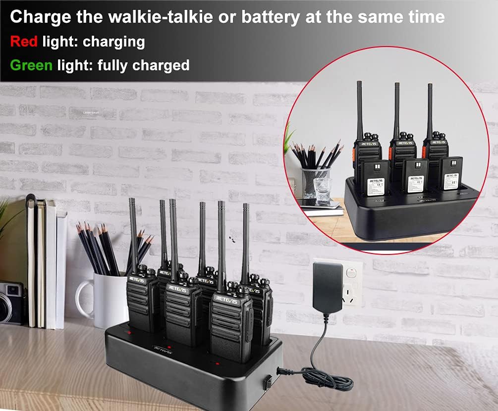 Case of 6 Portable Two Way Radios with Six-Way Multi Gang Charger D733