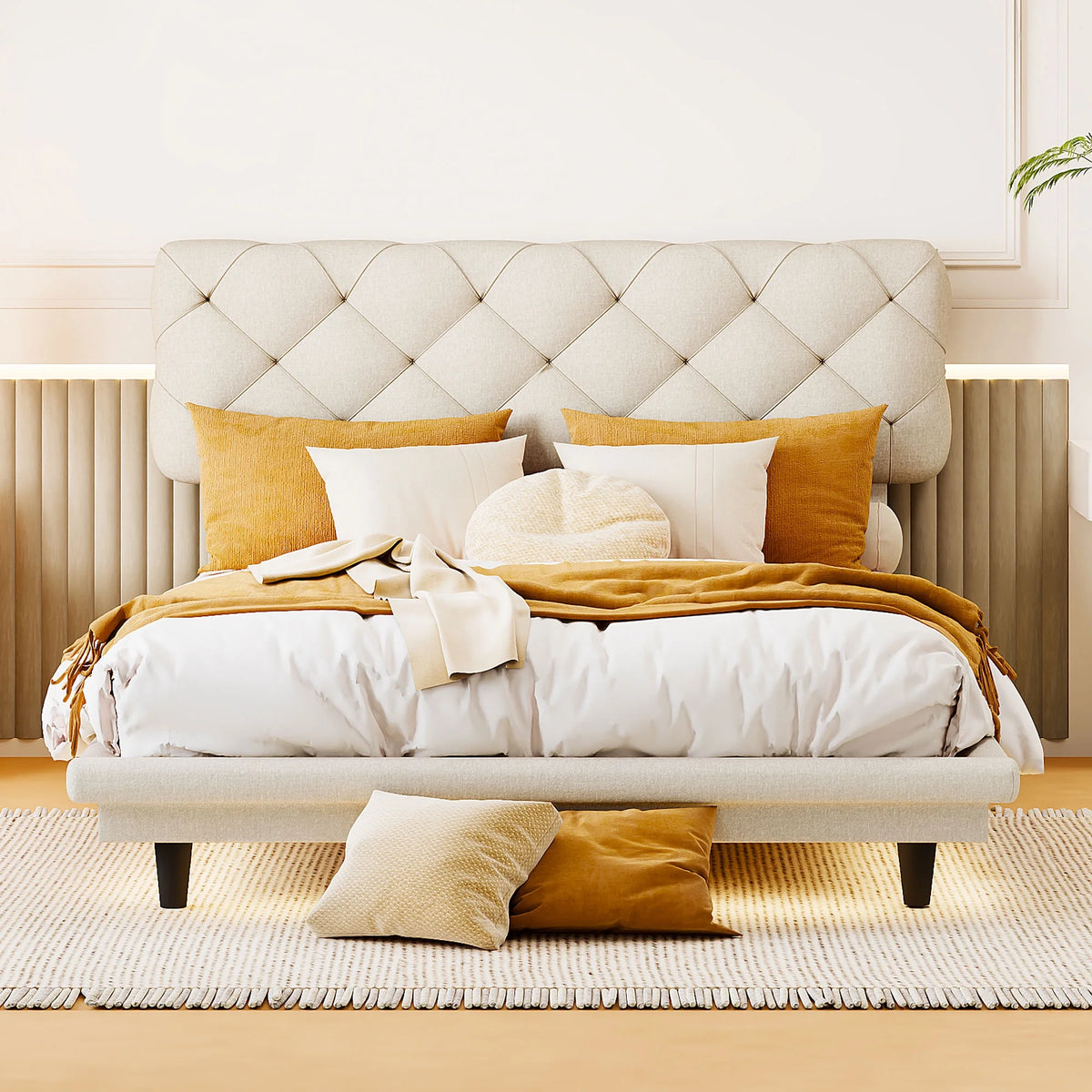 Full Size Upholstered Floating Platform Bed Linen Fabric Beige T390312