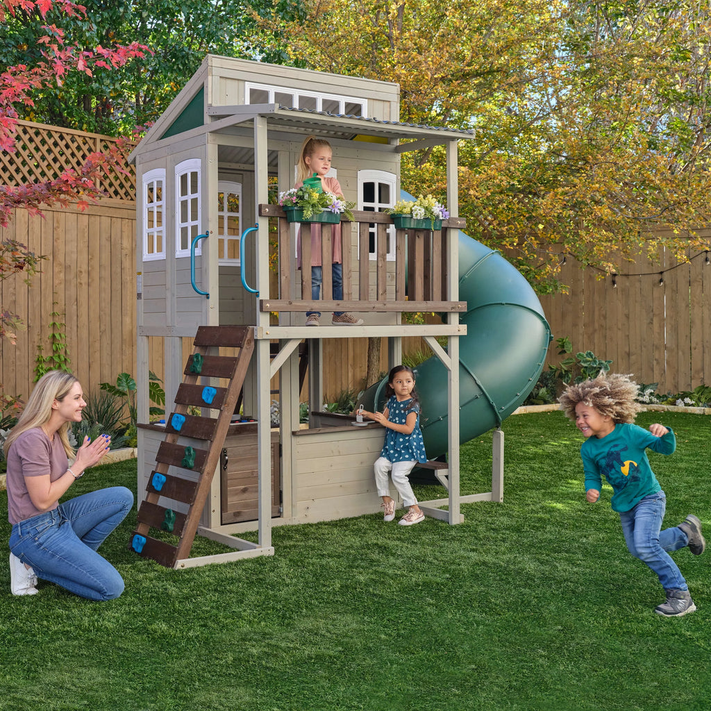 Wooden Outdoor Two-Story Playhouse with Slide, Kitchen, Rock Wall and Bench H791