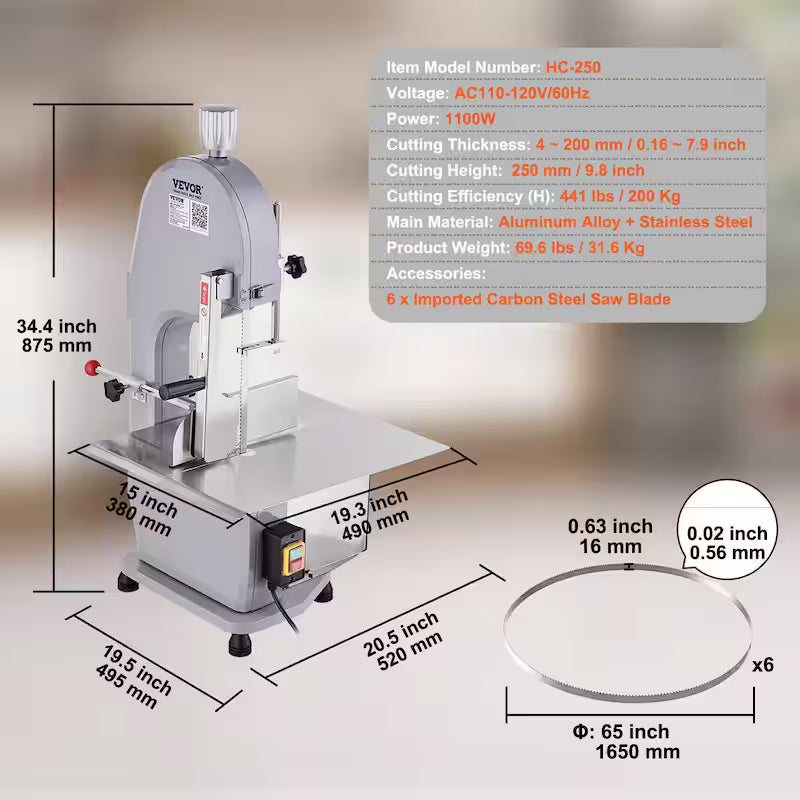1100-Watts Stainless Steel Meat Bandsaw U5845