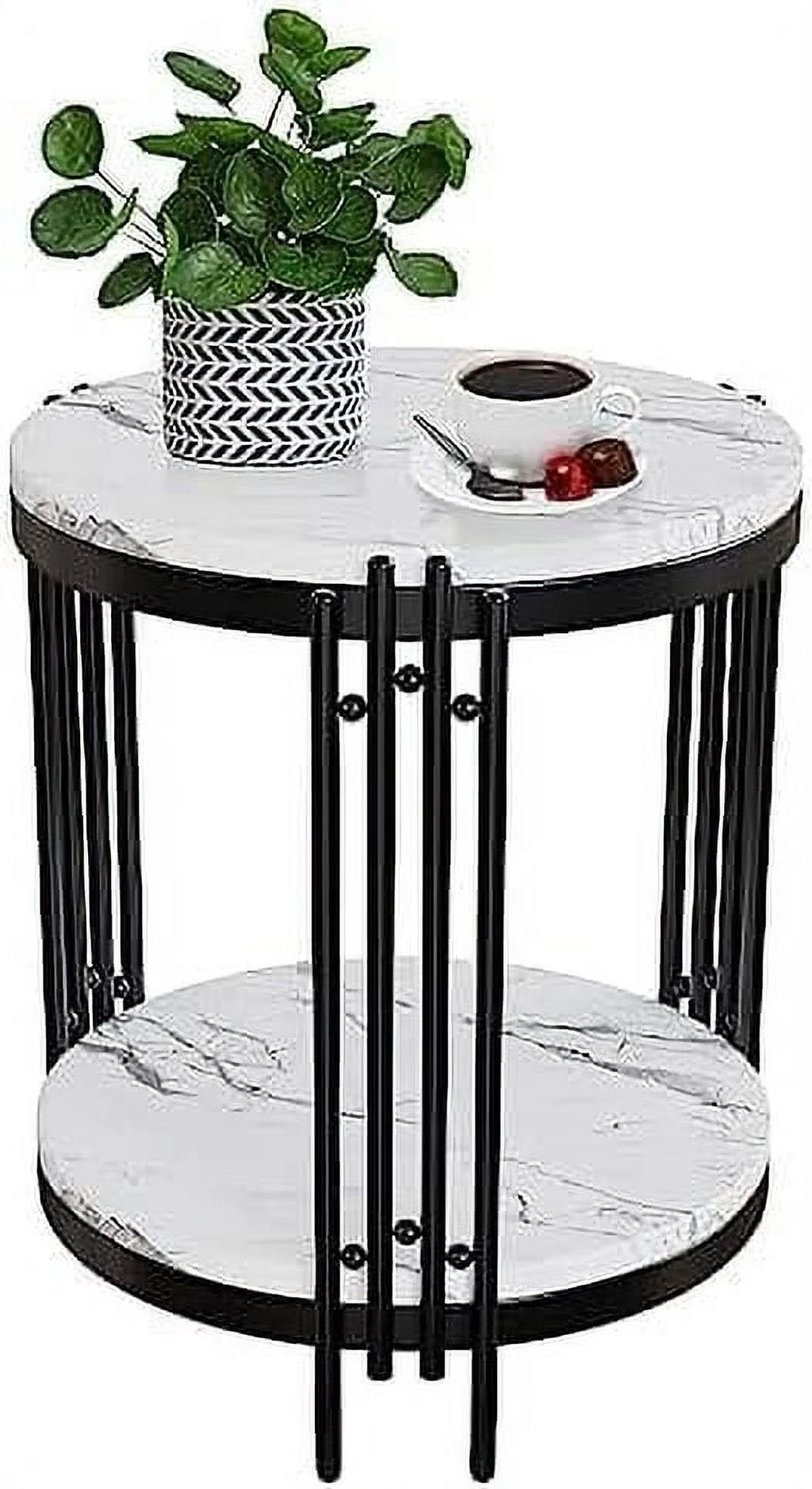 Black Faux Marble Round End Table with Storage Shelves O4702