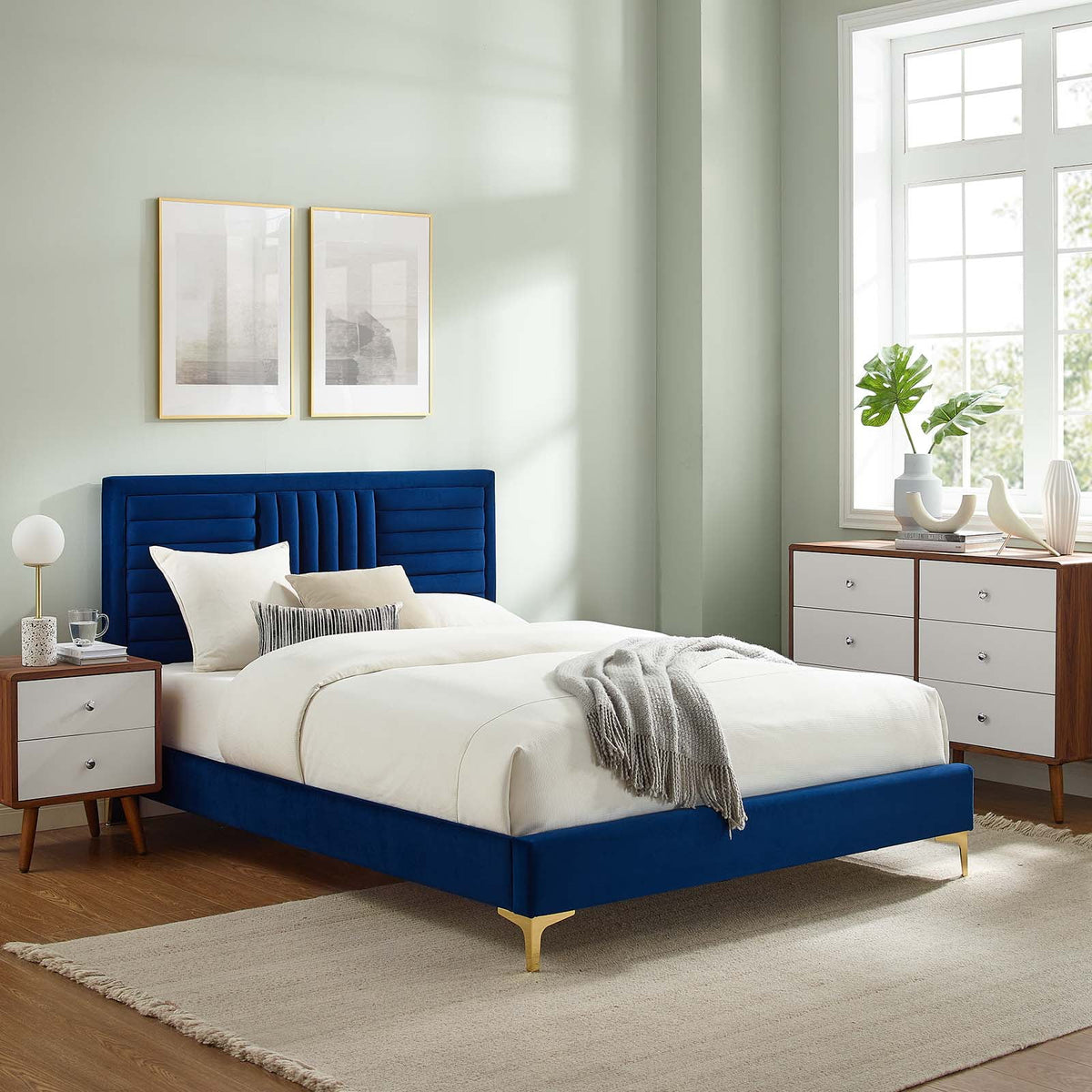 Navy Channel Tufted Performance Velvet Twin Platform Bed N48944