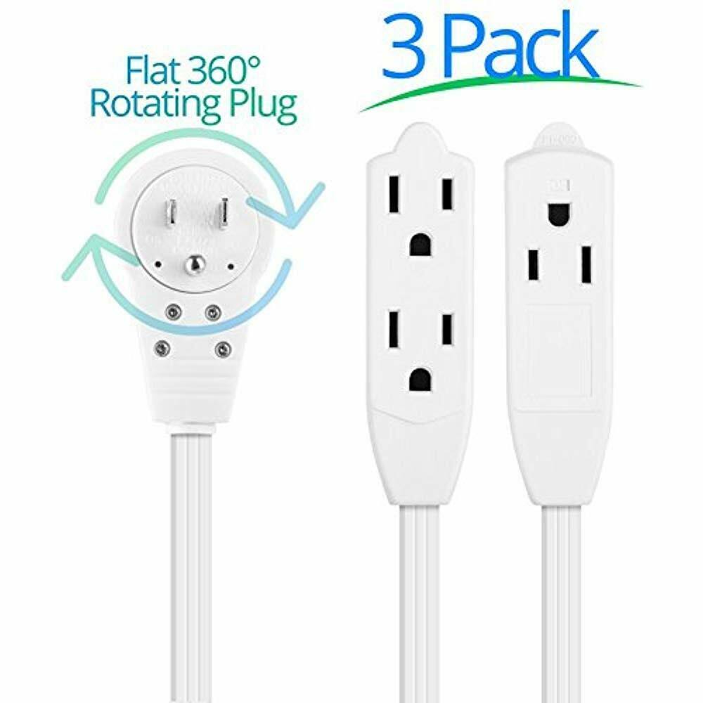 6-Inch 360° Rotating Flat Plug Extension Cord, 3 Prong, 3 Pack, White J508