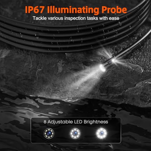 Triple Lens Sewer Camera with 50ft, 5" IPS Screen Borescope with Light, 1080P HD Endoscope IP67 Drain Pipe Snake Drain Camera, 32G Card Semi-Rigid Cable for Plumbing Inspection + Case S83292