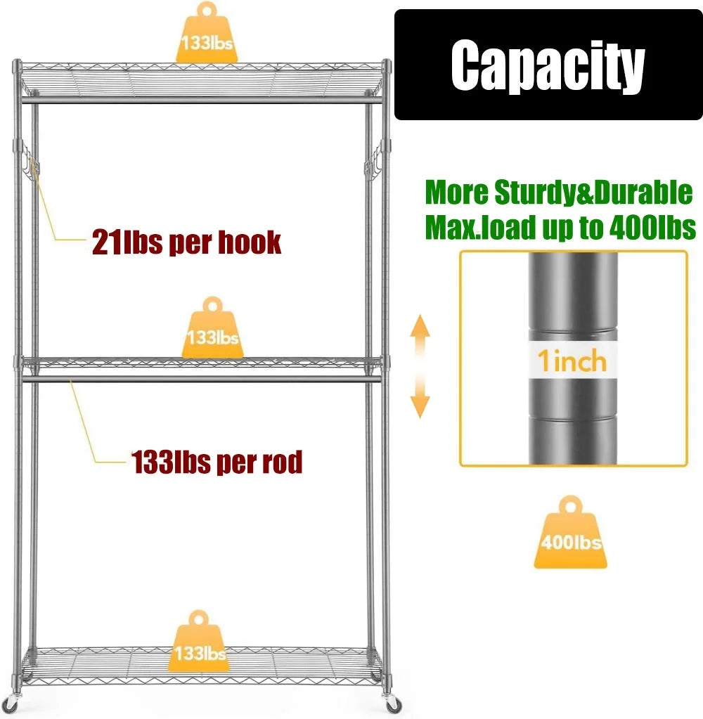 3 Tiers Heavy Duty Rolling Garment Rack with 2 Rods B95363