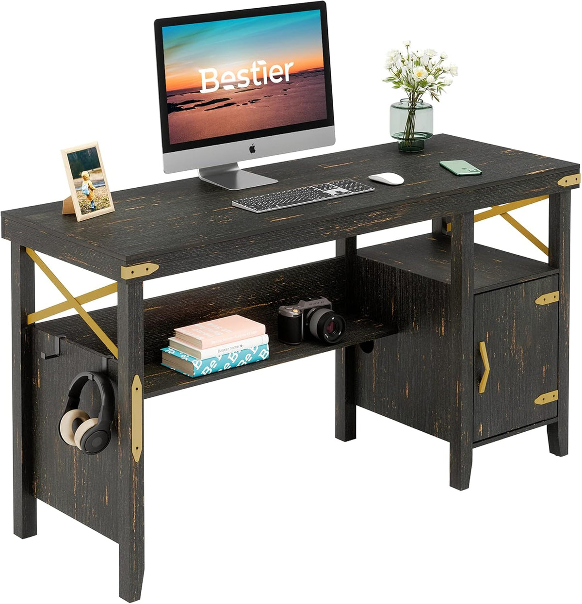 White 55 Inch Computer Desk with Storage Cabinet I84246