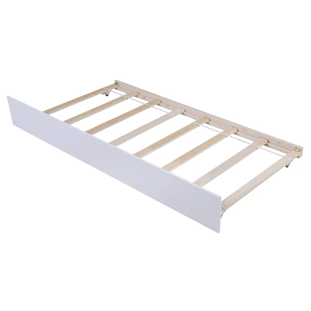White Twin Platform Bed with Trundle, Solid Wood Bed Frame with Headboard P42780