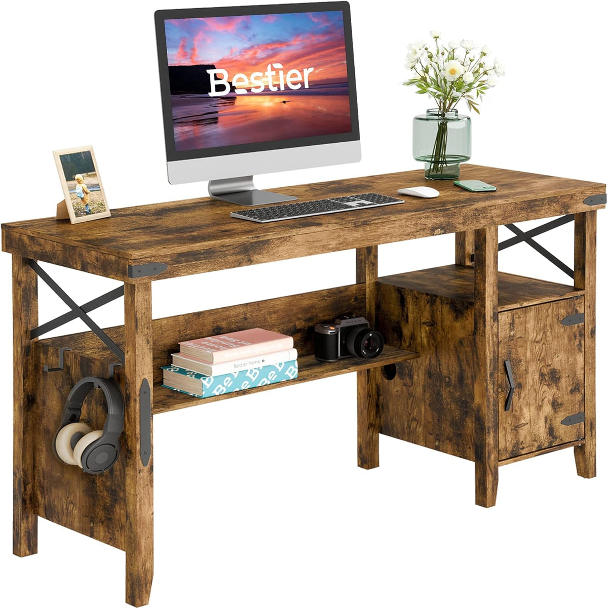 White 55 Inch Computer Desk with Storage Cabinet I84246