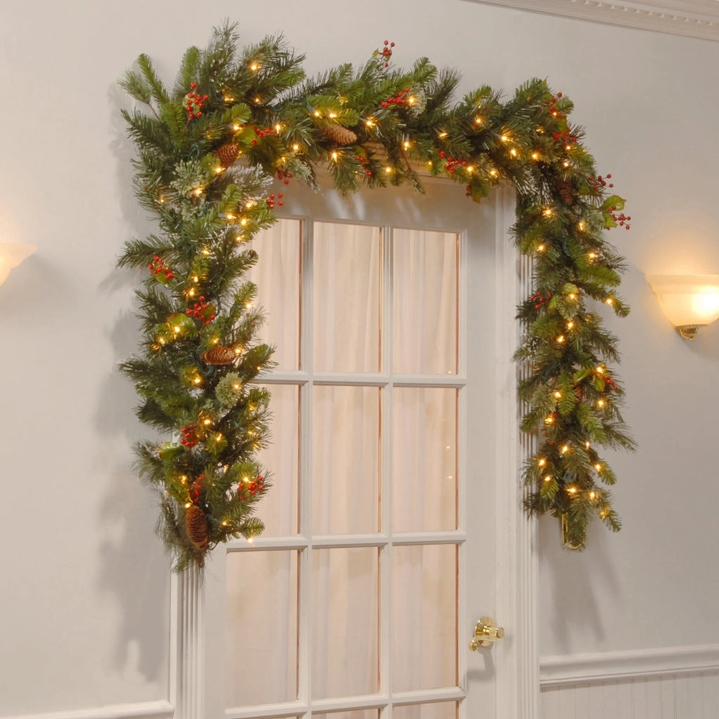 Pre-Lit Artificial Christmas Garland, Green, White Lights, 9 Feet L982