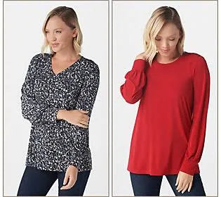 Set of 2 Liquid Knit Tops, Size 1X, Grey/Red D90719