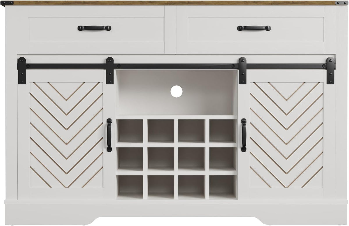 White & Oak Sideboard Cabinet with Sliding Barn Door, 3 Drawers M9465