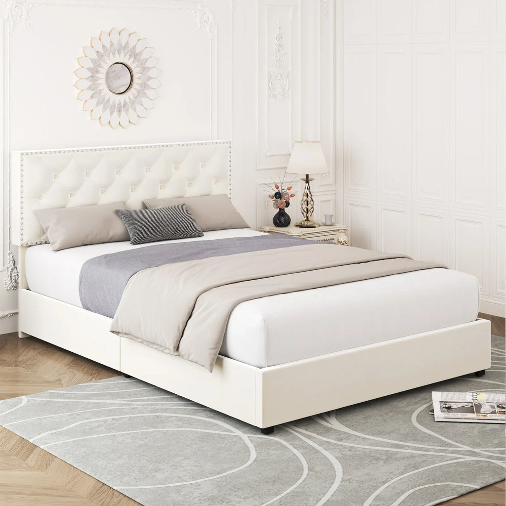 Queen Size Off-White Upholstered Storage Bed with 4 Drawers O608116