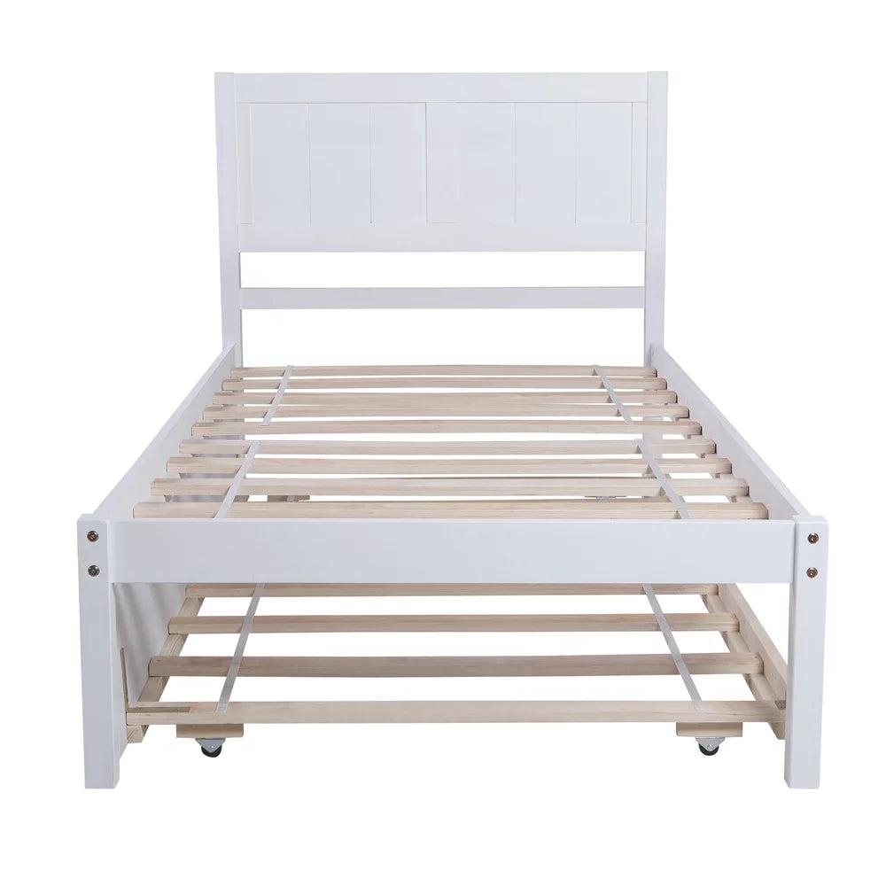 White Twin Platform Bed with Trundle, Solid Wood Bed Frame with Headboard P42780