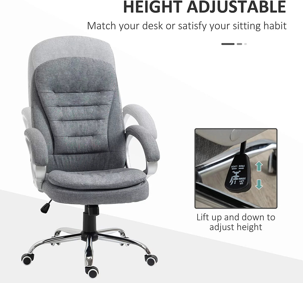 High Back Grey Upholstered Office Chair with Headrest and Armrest M6800