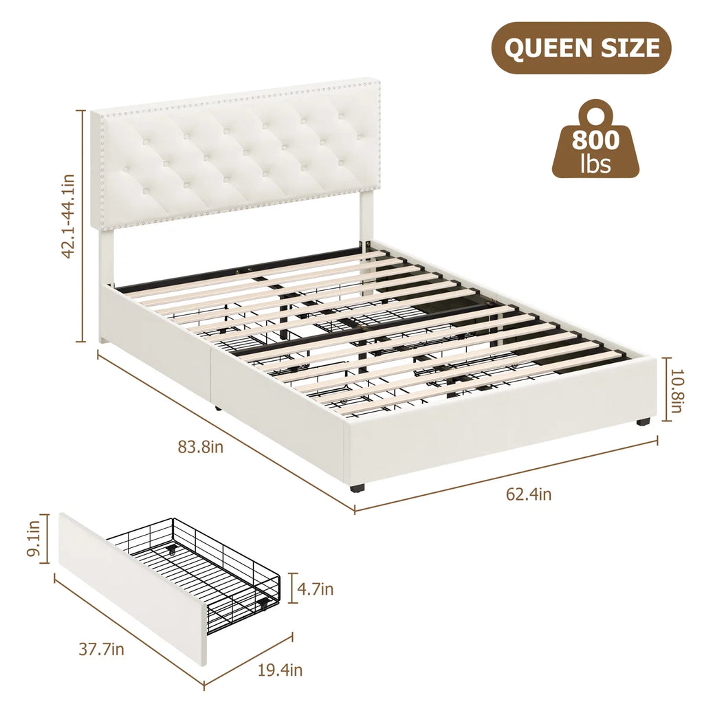 Queen Size Off-White Upholstered Storage Bed with 4 Drawers O608116