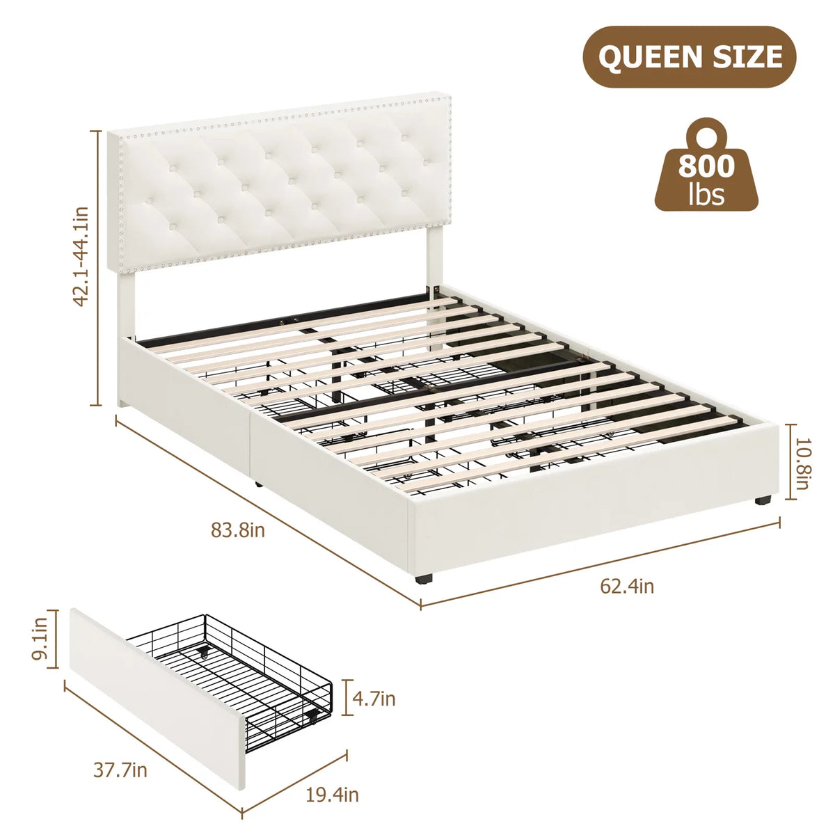 Queen Size Off-White Upholstered Storage Bed with 4 Drawers O608116