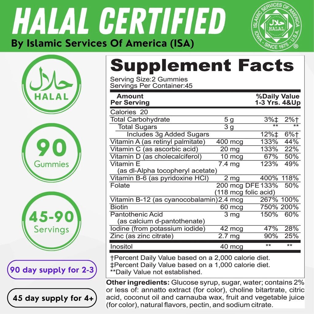 Halal Gummy Vitamins for Kids 90 Gummies Vegetarian Gluten Gelatin Peanut Dairy Free E94291