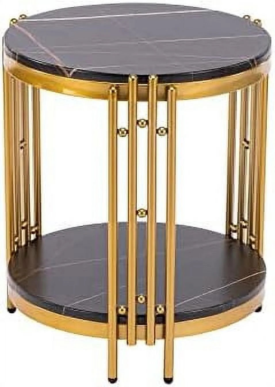 Black Faux Marble Round End Table with Storage Shelves O4702