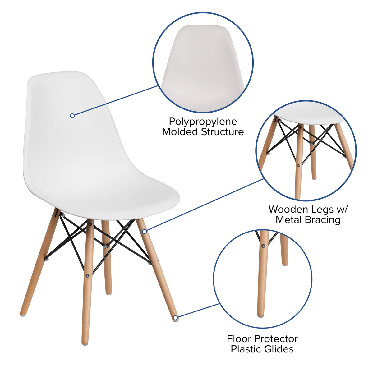 White Plastic Chair with Wooden Legs T9242
