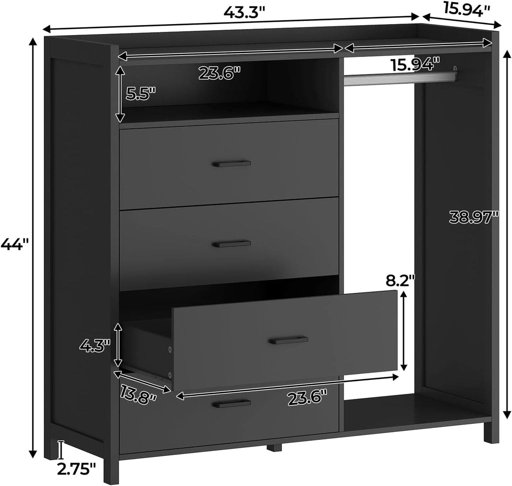 Black 4 Drawer Dresser with Clothing Rack S39763