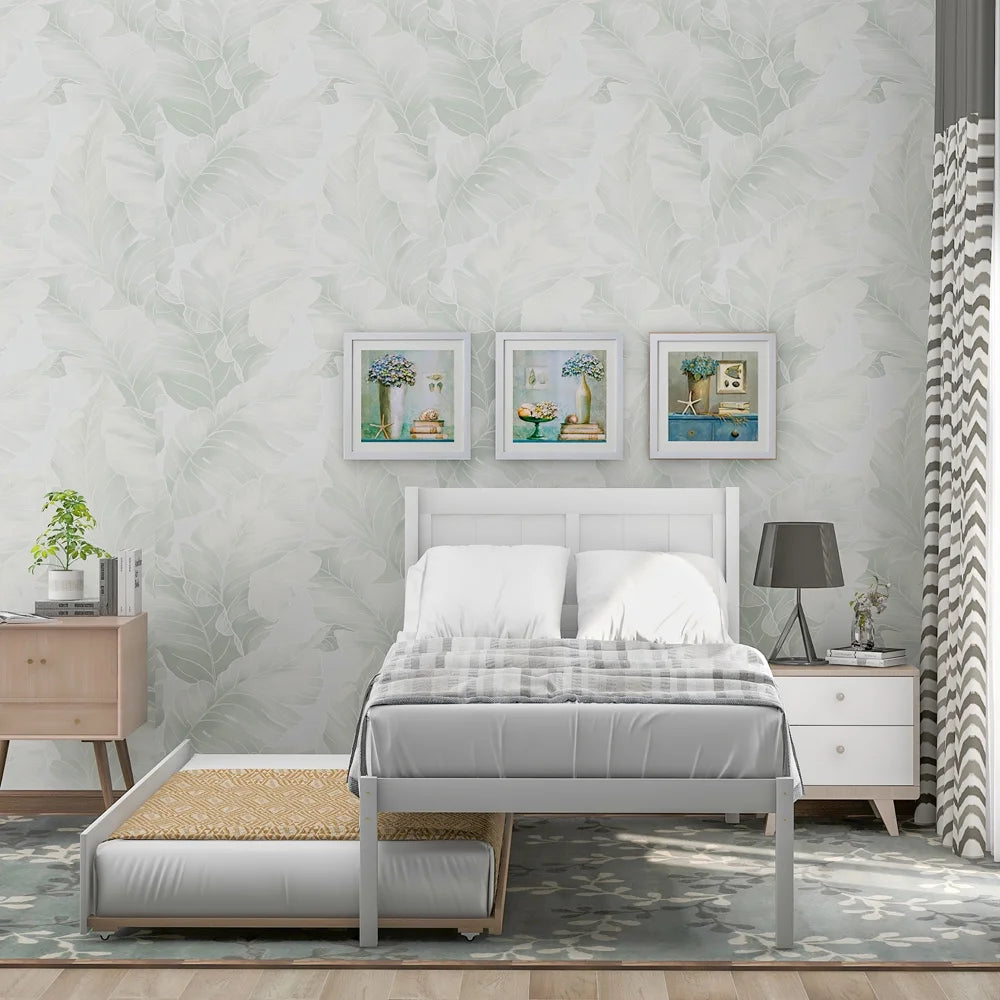 White Twin Platform Bed with Trundle, Solid Wood Bed Frame with Headboard P42780
