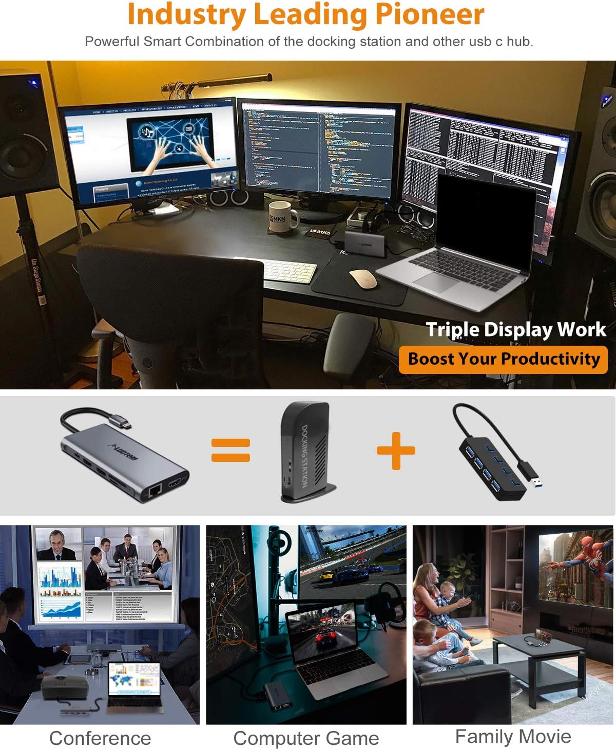USB C Hub with 2 HDMI, VGA, PD 3.0, SD TF Card Reader, 4 USB Ports P39300