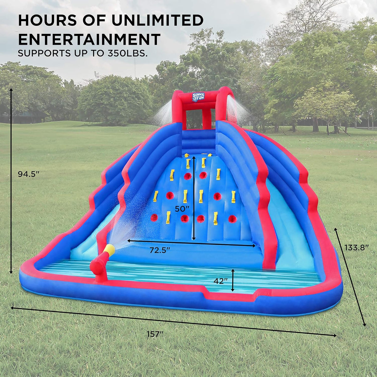 Inflatable Water Slide Park with Climbing Wall, Two Slides & Splash Pool, Nylon, with Air Pump & Carrying Case S674