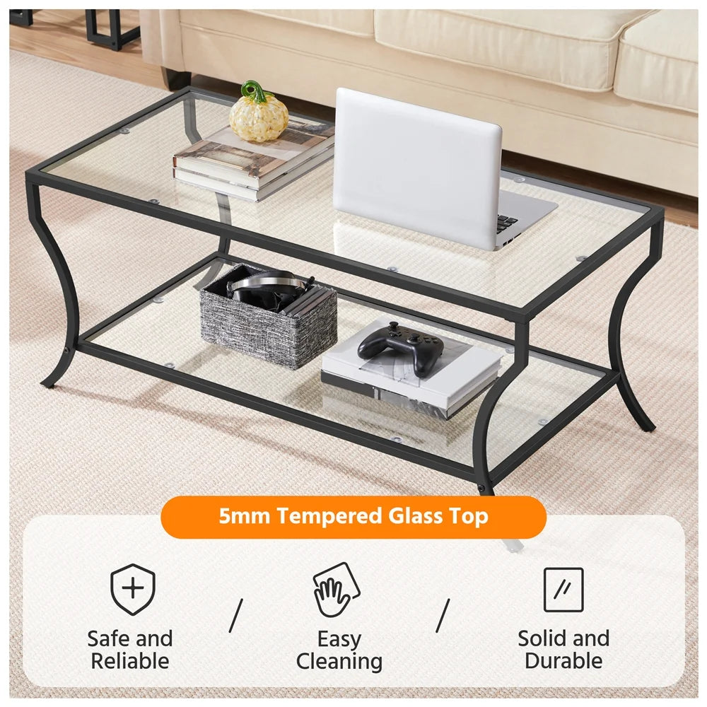 Black 2-tier Tempered Glass Coffee Table with Iron Frame J952978