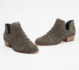Perforated Suede Ankle Booties, Size 8-1/2 Medium, Shady Grey Q41504