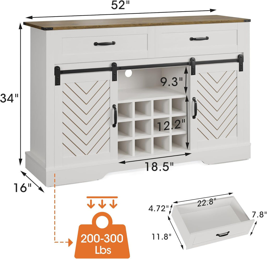 White & Oak Sideboard Cabinet with Sliding Barn Door, 3 Drawers M9465