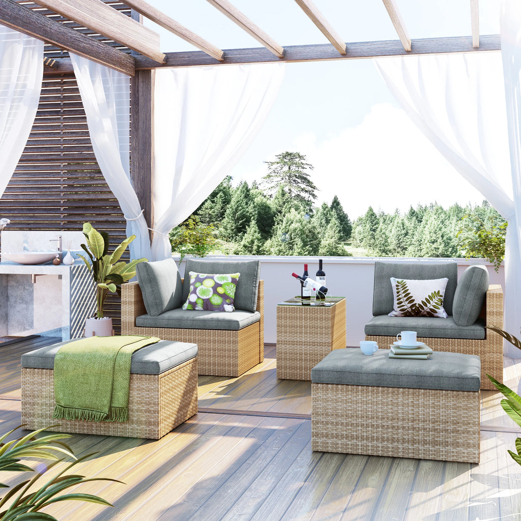 Gray Wicker Rattan Patio Sectional Sofa Set with Ottomans and Cushions Q174271