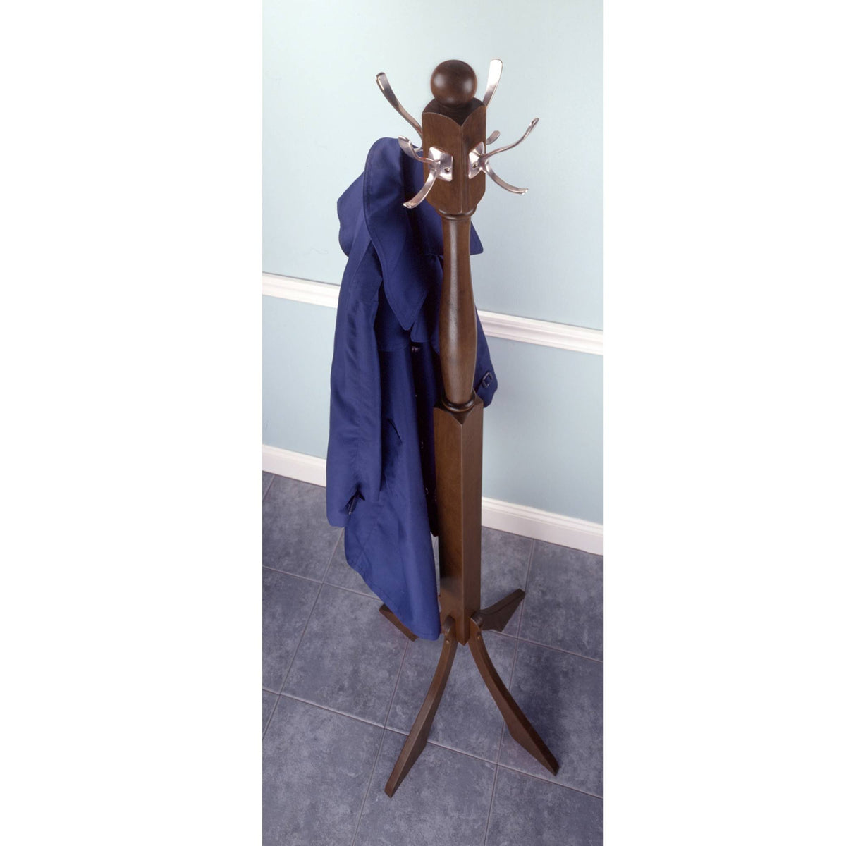 Polished Walnut Coat Rack Tree with 4 Stainless Hooks L37973