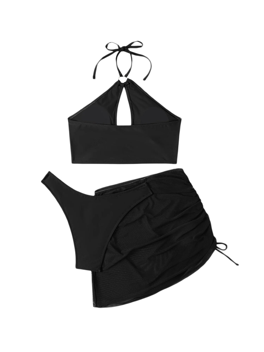 3 Pcs Bikini Set Halter Backless Tie-up Swim Bra Thong with Sarong Skirt Tie-dye Black T72472