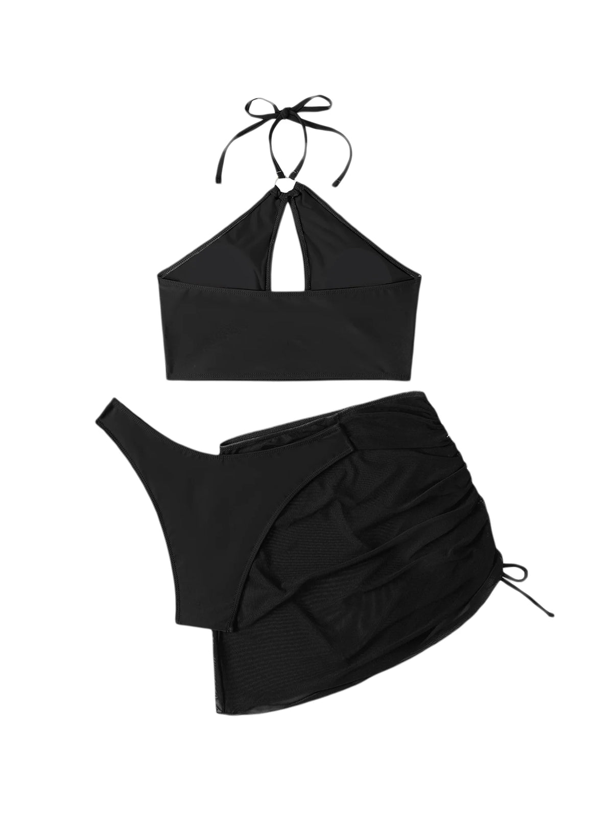 3 Pcs Bikini Set Halter Backless Tie-up Swim Bra Thong with Sarong Skirt Tie-dye Black T72472