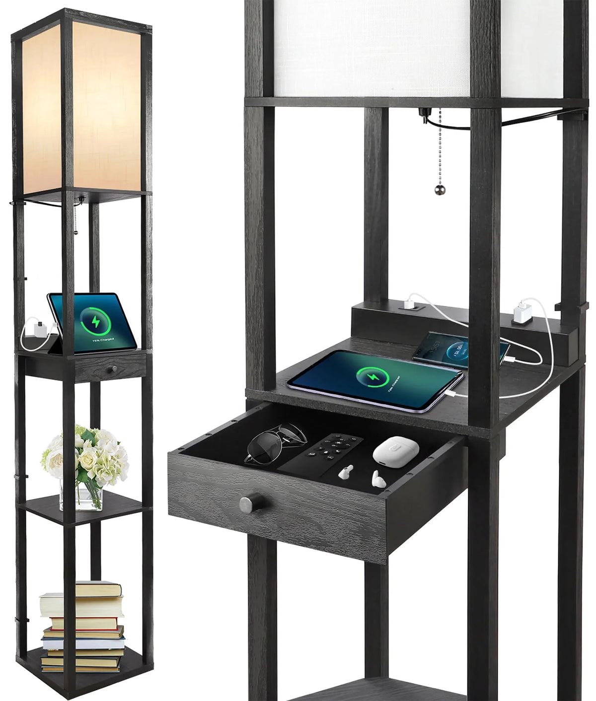 Floor Lamp with Shelves, USB Port, Linen Shade B67670