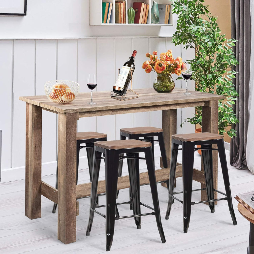 5 Pcs Industrial Counter Height Dining Table Set with 4 Metal Backless Barstools J691807