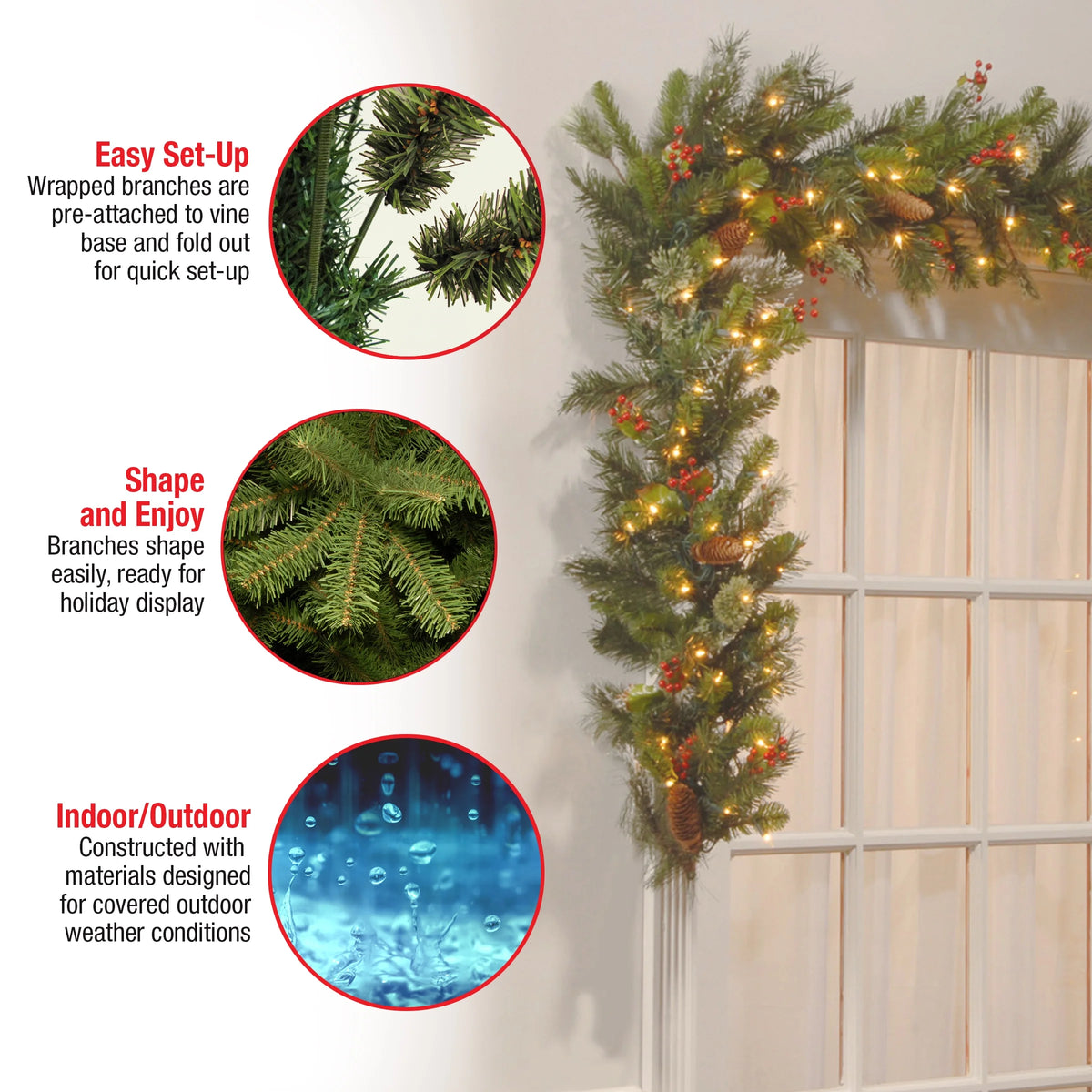 Pre-Lit Artificial Christmas Garland, Green, White Lights, 9 Feet L982